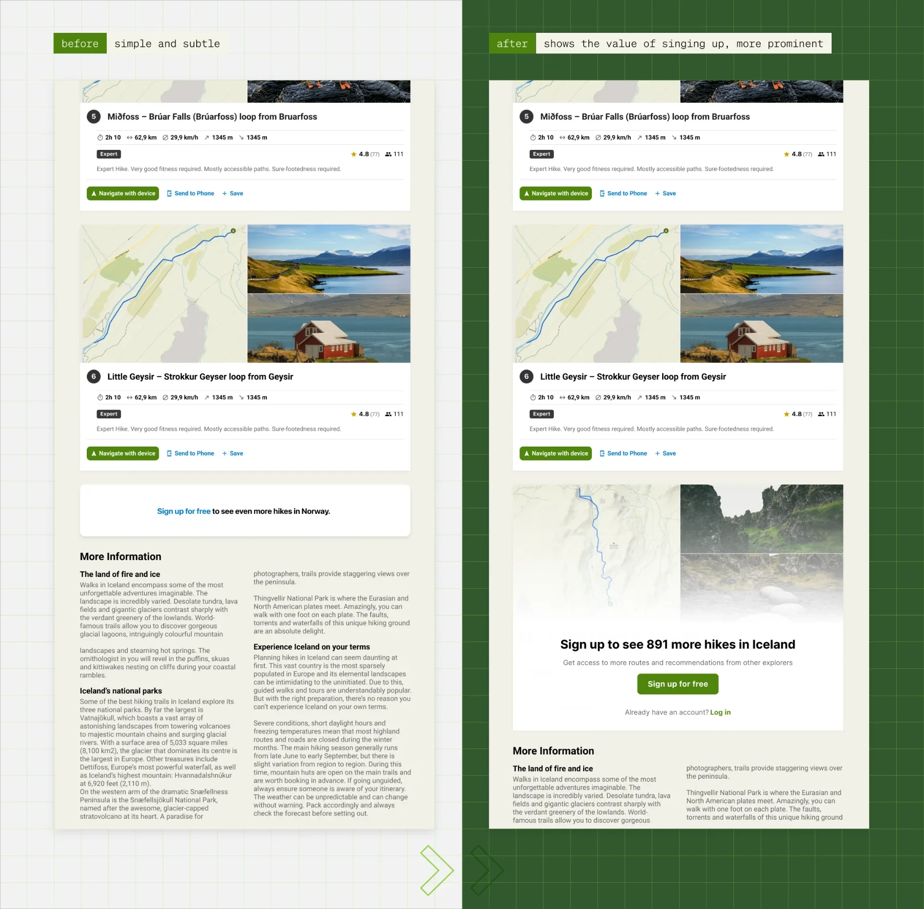Side-by-side comparison of the komoot signup module before and after