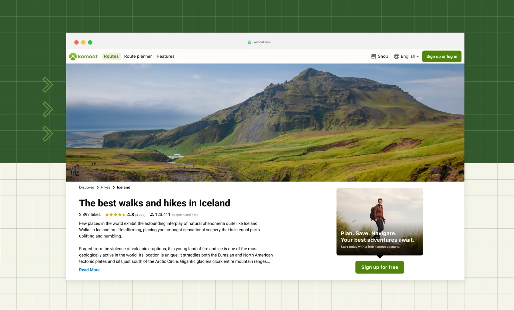 komoot Iceland hikes guide page shown in a browser window