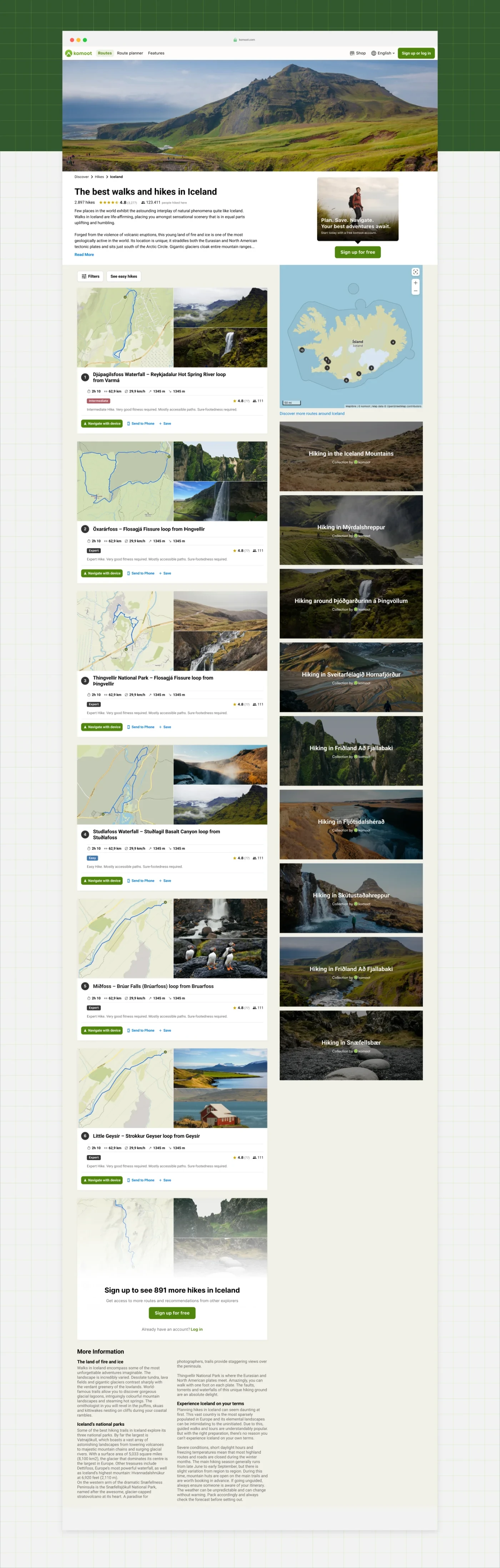Full-length komoot guide page for hikes in Iceland