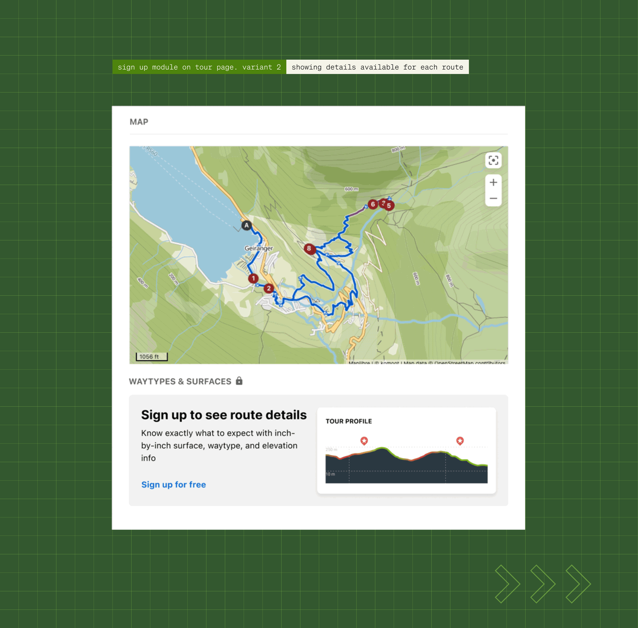 Animated komoot tour page with a sign up module for waytypes, surfaces and tour profile