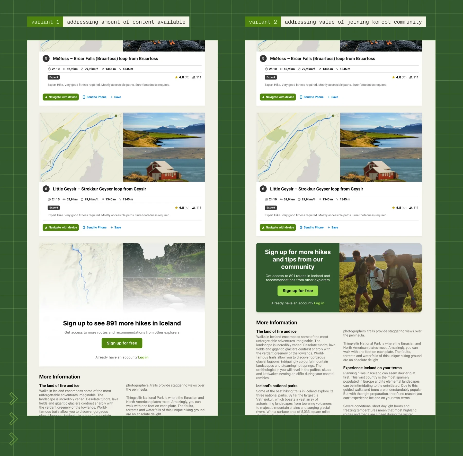 Side-by-side comparison of signup banner variation 1 and variation 2