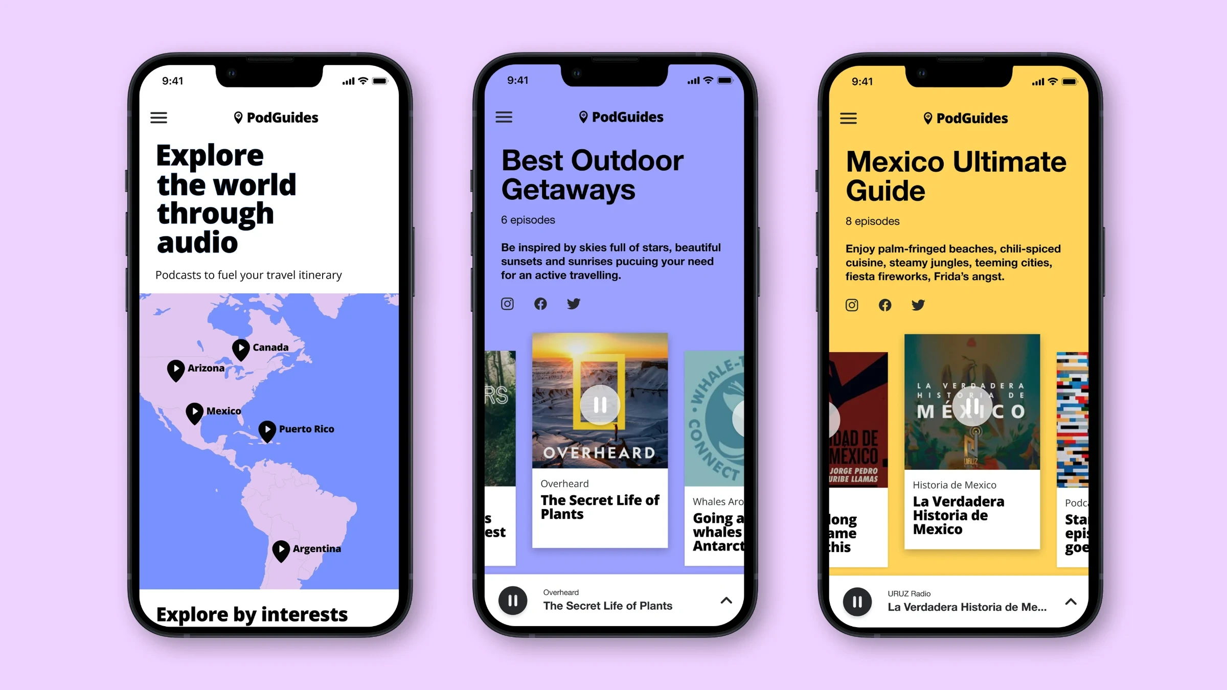 Three PodGuides phone screens: world map home, Best Outdoor Getaways and Mexico Ultimate Guide playlists