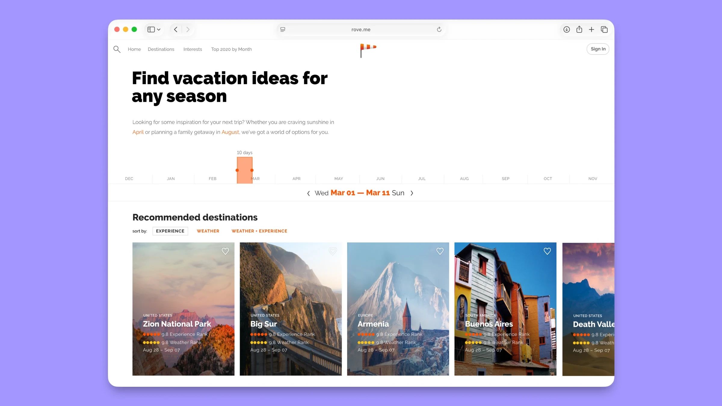 rove.me homepage on desktop: vacation ideas by season with recommended destinations