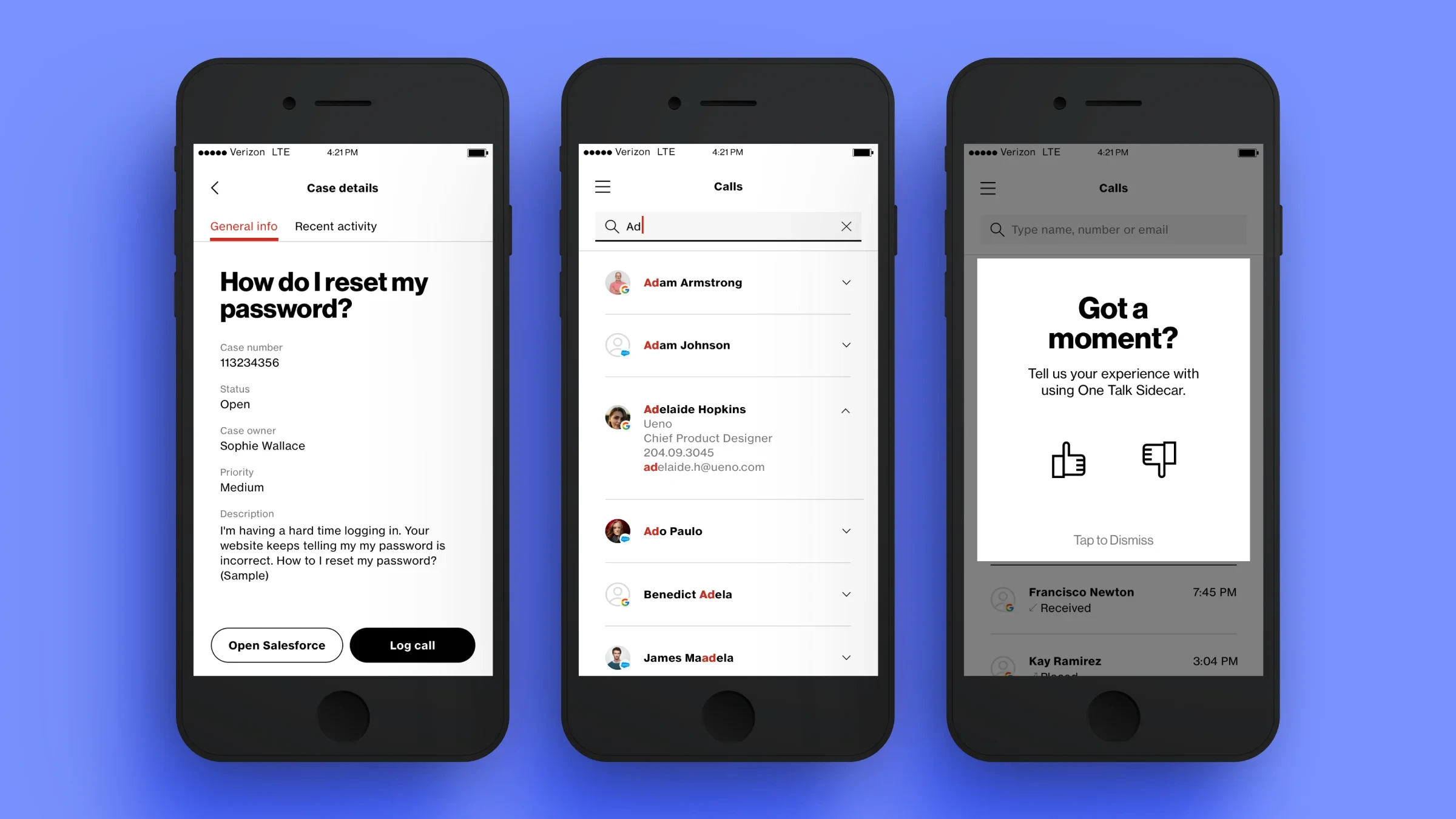 Three phone screens: case details, contact search and feedback prompt
