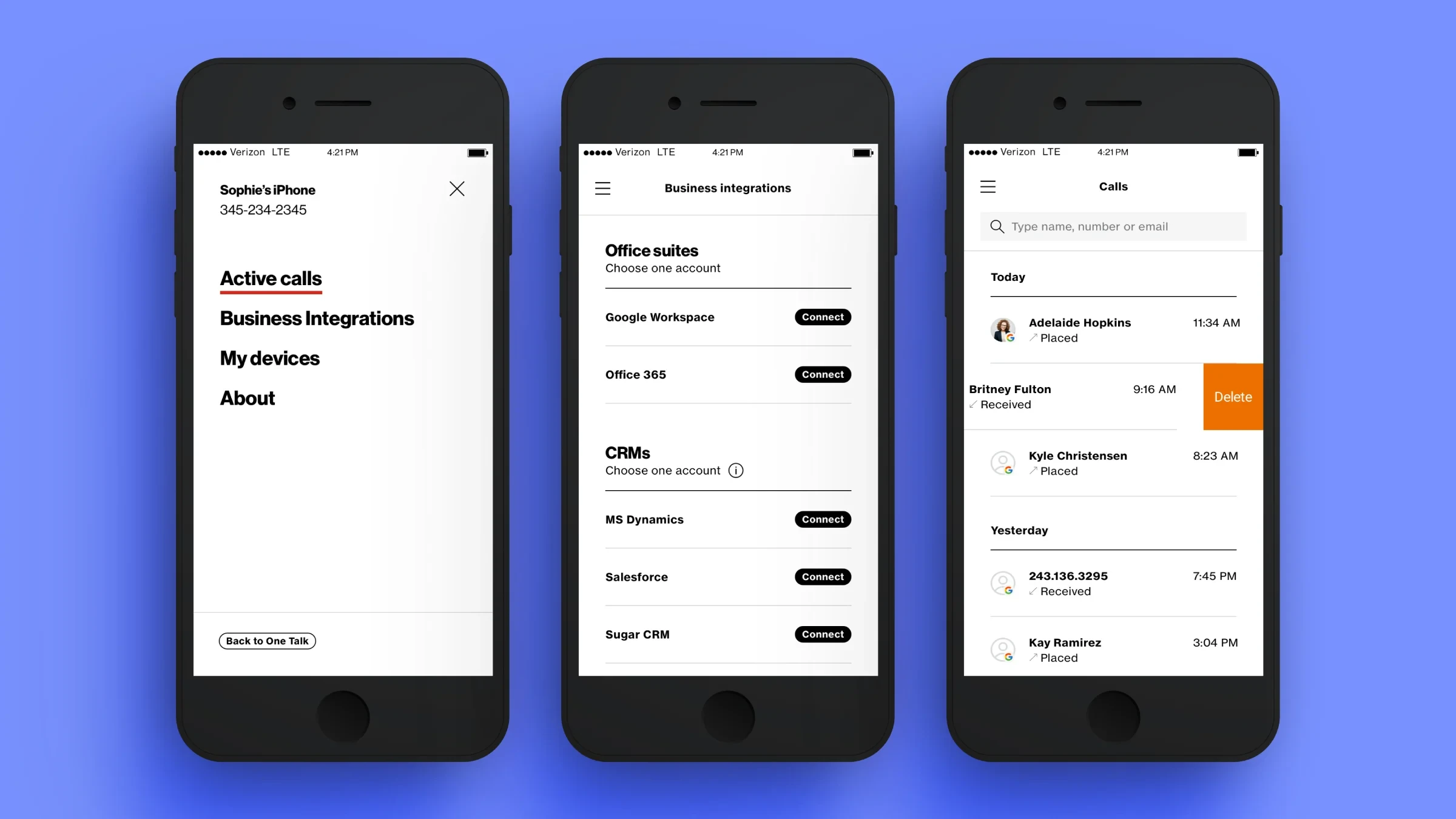 Three phone screens: navigation menu, business integrations and call list